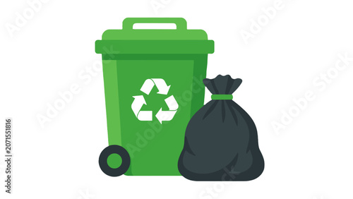 Quadro su tela Green recycling bin with trash bag vector illustration