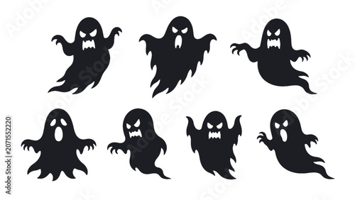 Tableau sur toile Set of spooky ghost silhouettes with expressive flying shapes