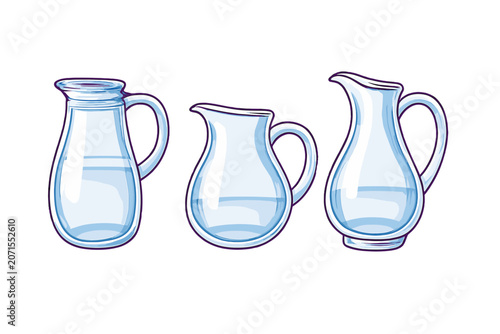 Photography Set of transparent glass jugs and pitchers in cartoon vector style