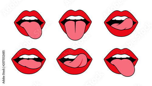 Foto Set of red lips and tongue cartoon vector illustrations