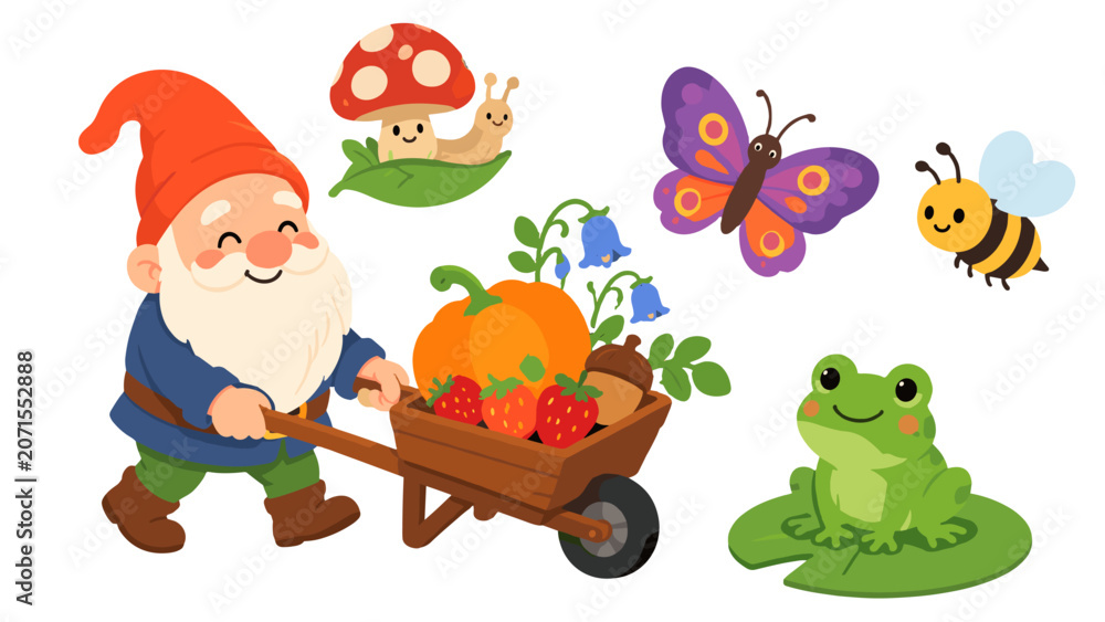 Fototapeta premium Cartoon garden gnome with wheelbarrow, animals and harvest set