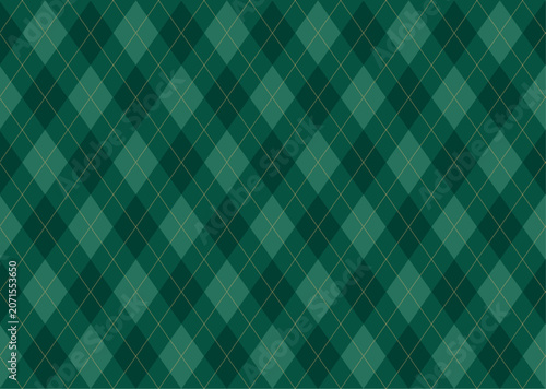 Dark Green Argyle Vector Pattern. Christmas Background. Golf Textile Print. Emerald Diamonds with Gold Accent Lines. Seamless Pattern Tile