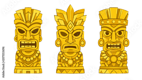 Photos Three golden tribal idol statues isolated on white