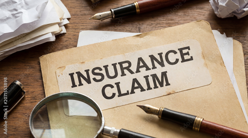 Fototapeta premium Insurance claim folder with documents, magnifying glass, and pens on a wooden desk, representing accident investigation