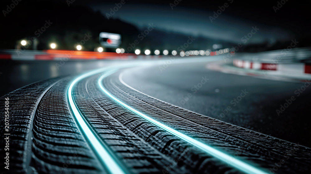 Fototapeta premium Dynamic tire marks with luminous road curves for performance marketing.