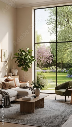 Modern Living Room with Large Window Overlooking Lush Garden.