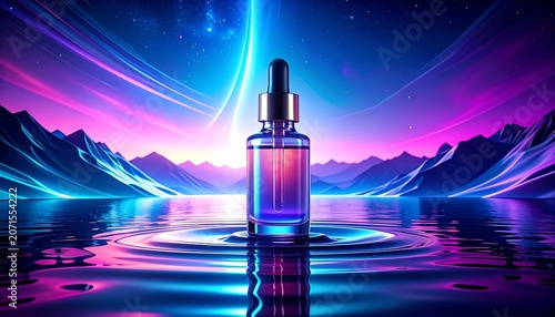 A futuristic serum bottle on rippling water with a neon-lit mountainous landscape