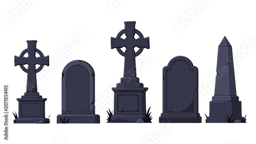 Bild auf Leinwand Set of dark gravestones and stone crosses isolated on white