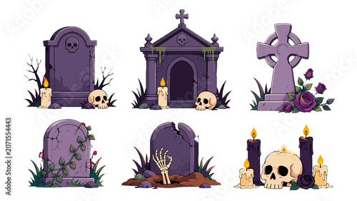 Canvastavla Set of spooky purple tombstones, skulls, candles, and cross