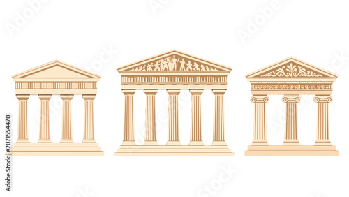 Obraz na płótnie Classical temple facades with columns in line art vector set