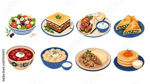 Fotografía Greek and Russian cuisine dishes vector icon set