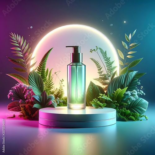 A futuristic skincare product bottle on a pedestal surrounded by lush greenery and neon lights