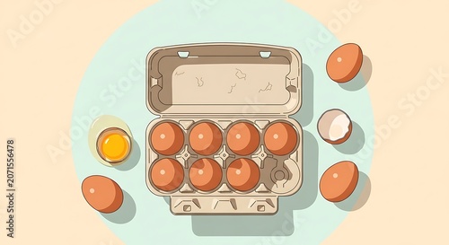 Top view flat lay illustration of eggs, open carton with brown eggs