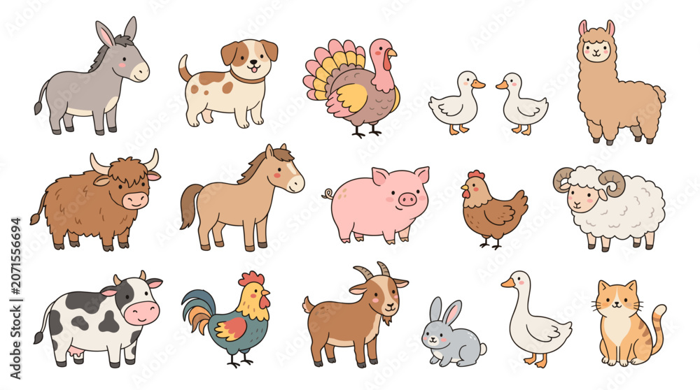 Fototapeta premium Cute farm animals vector illustration set with cartoon livestock, poultry, pets and barnyard characters