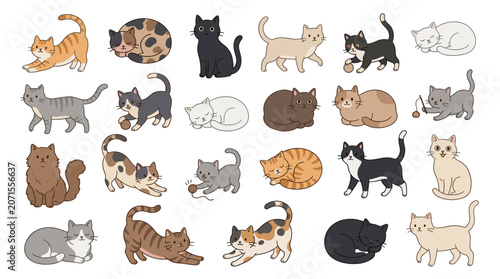 Cute cartoon cats vector set with playful kittens, sleeping pets, tabby, calico and black cat poses