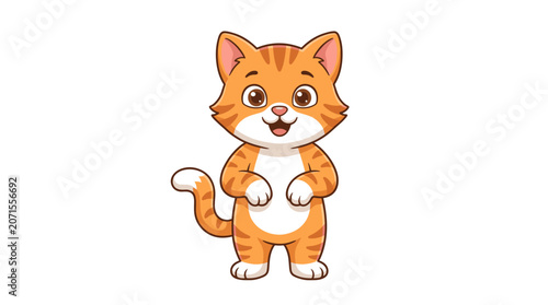 Cute orange tabby kitten cartoon vector mascot, smiling cat character with big eyes and playful standing pose