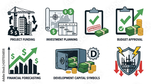 Business and Finance Icons Representing Project Funding and Budget Approval.