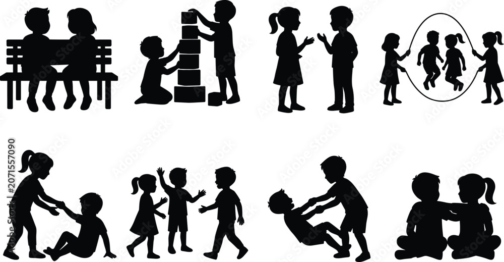 Obraz premium Children Playing Together Silhouette Set with Friendship Learning and Outdoor Activities