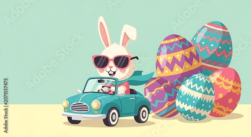 Cute cool Easter bunny wearing sunglasses riding in retro cartoon car