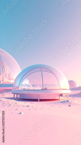 A futuristic snowy landscape with dome-shaped structures