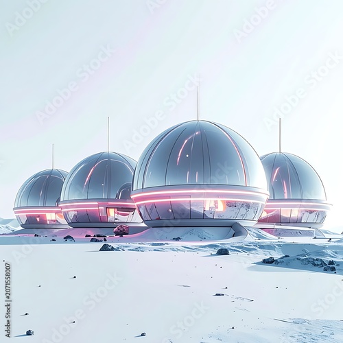 A futuristic snowy landscape with four large metallic domes
