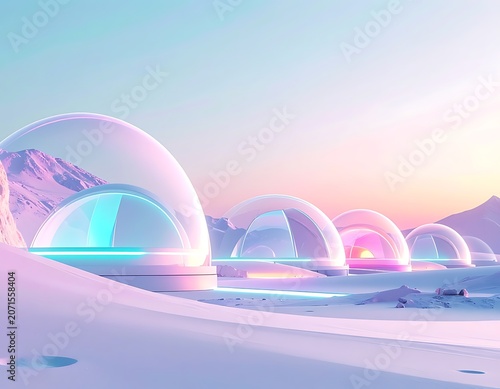 A futuristic snowy landscape with glowing domes at sunset