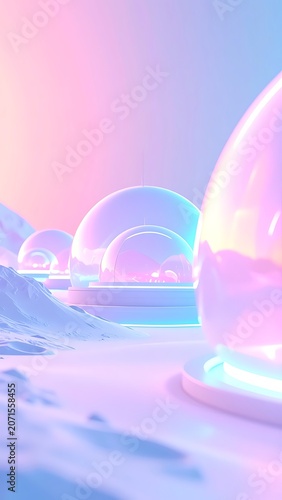 A futuristic snowy landscape with glowing domes and neon lights