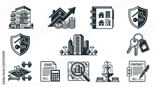 Business icons and security symbols.