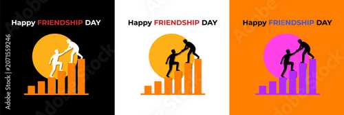 Foto Happy friendship day banner template, friend helping each other climb growth bar