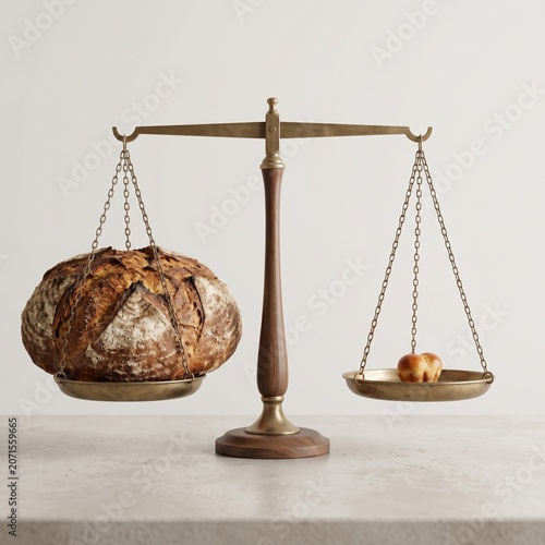 Balance scale with a large rustic bread on one side and a small piece on the other. Ideal for bakery, bread, or measurement themed design projects. Shrinkflation concept background.