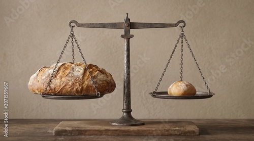 Balance scale with a large rustic bread on one side and a small piece on the other. Ideal for bakery, bread, or measurement themed design projects. Shrinkflation concept background.