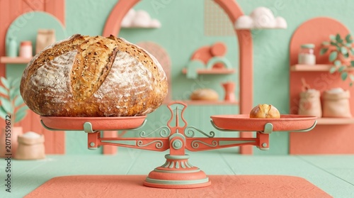 Balance scale with a large rustic bread on one side and a small piece on the other. Ideal for bakery, bread, or measurement themed design projects. Shrinkflation concept background.