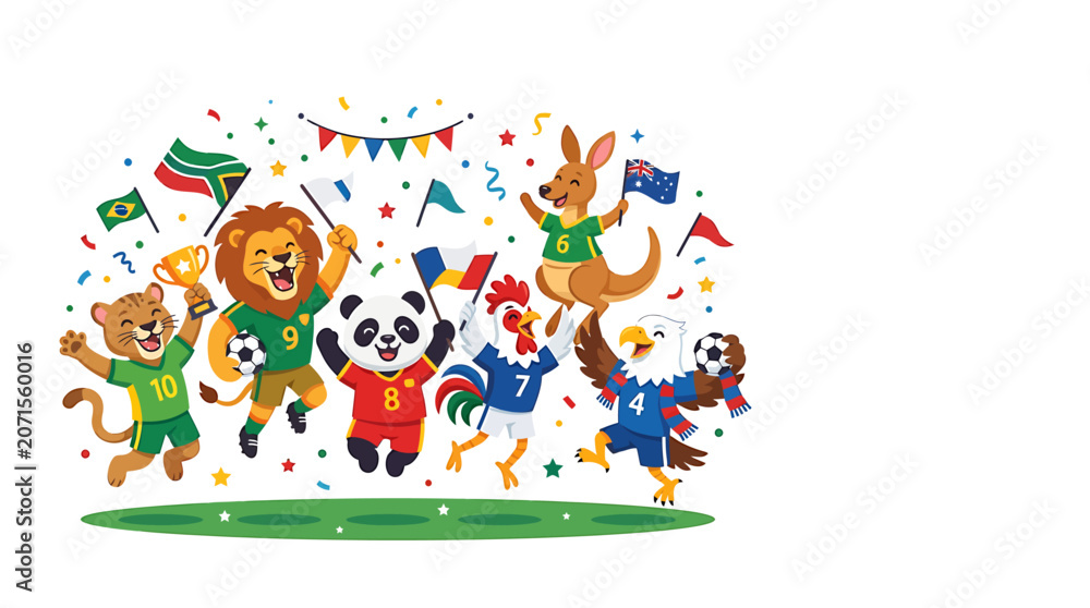 Fototapeta premium A diverse group of anthropomorphic animals celebrating a sports victory with flags, confetti, and a trophy.