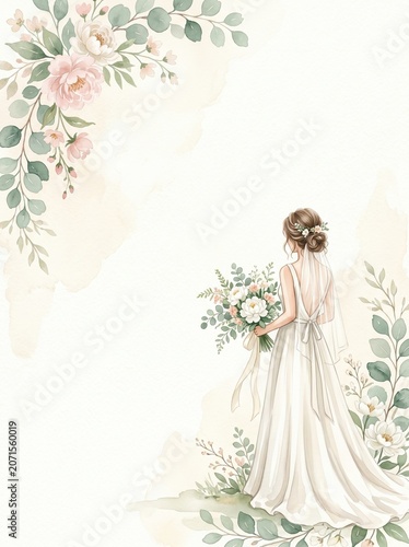 Watercolor illustration of a bride from behind in a white gown holding a bouquet, surrounded by floral corners. Perfect for wedding invitations, bridal showers, or romantic design projects.