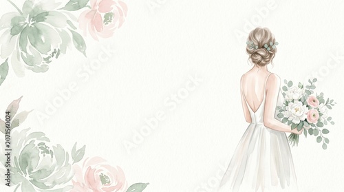 Watercolor illustration of a bride from behind in a white gown holding a bouquet, surrounded by floral corners. Perfect for wedding invitations, bridal showers, or romantic design projects.
