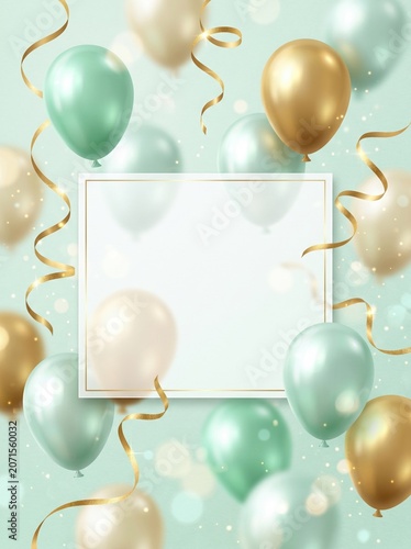 Light green background with mint green and gold balloons, golden ribbons, and a blank frame. Perfect for celebrations, events, or greeting cards with a modern elegant touch.