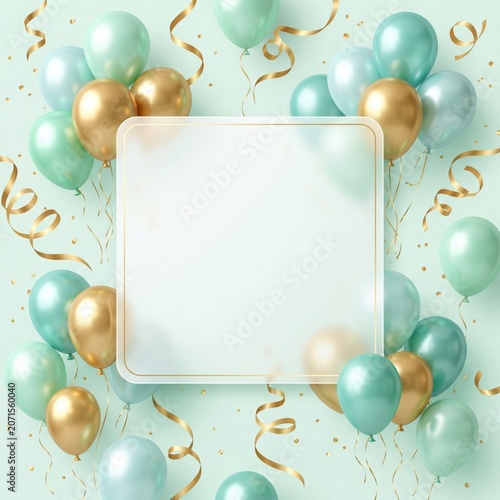 Light green background with mint green and gold balloons, golden ribbons, and a blank frame. Perfect for celebrations, events, or greeting cards with a modern elegant touch.