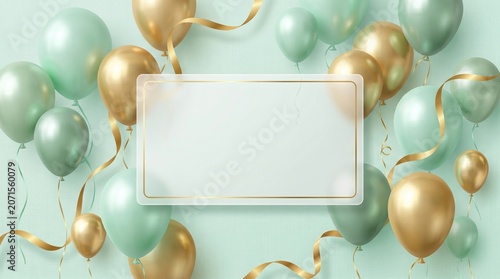 Light green background with mint green and gold balloons, golden ribbons, and a blank frame. Perfect for celebrations, events, or greeting cards with a modern elegant touch.