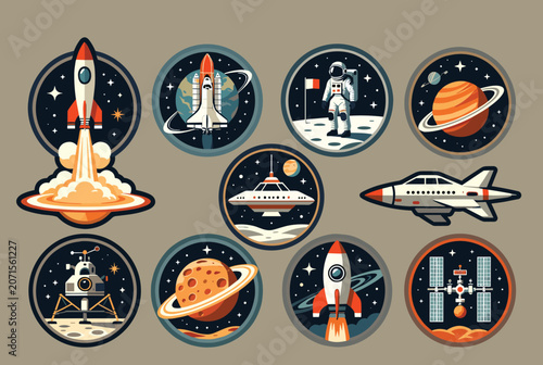 set of circular space mission patches and stickers featuring astronaut, rocket launch, shuttle, and planets.