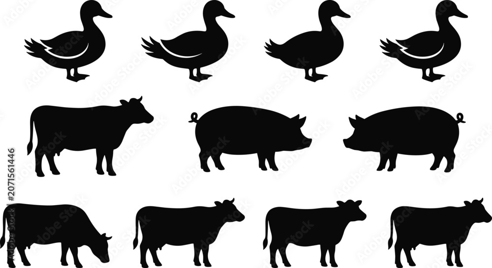 Fototapeta premium Black Silhouette Farm Animal Icon Set with Duck, Cow, and Pig in Multiple Poses on White Background Black Silhouette Farm Animal Icon Set with Duck, Cow, and Pig in Multiple Poses on White Background