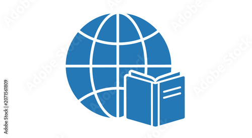 A blue icon showing a globe and an open book representing global education