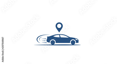 A blue icon showing a moving car with a location pin symbol above it