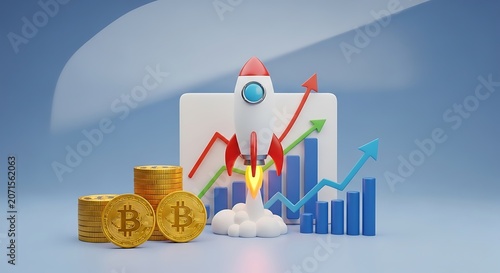 3D illustration of rocket taking off next to financial growth chart, golden bitcoin coins stacked, rising arrow graph, minimal blue background