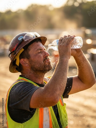 A construction worker pours water from a bottle over his face on a hot day

