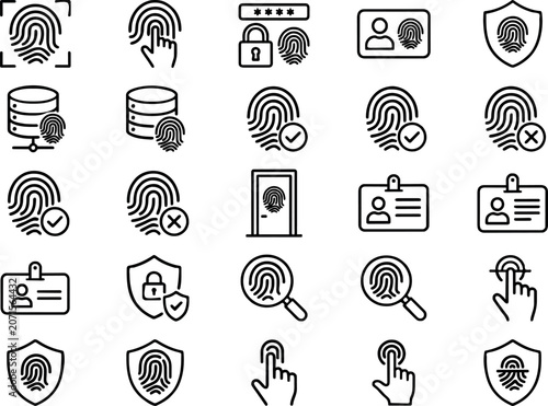 Fingerprint Biometric Security Icons 25 Set Scan Shield Database Password Door ID Card Magnifier Approved Rejected Outline Vector