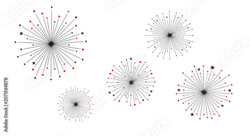 Tableau sur toile Patriotic firework bursts with red and blue stars, festive explosion vector set