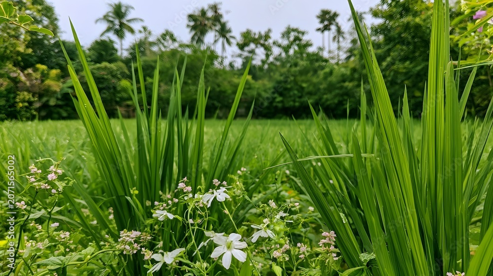 Obraz premium A worm s eye view captures the lush greenery and vibrant blooms of a rice paddy surrounded by natural elements