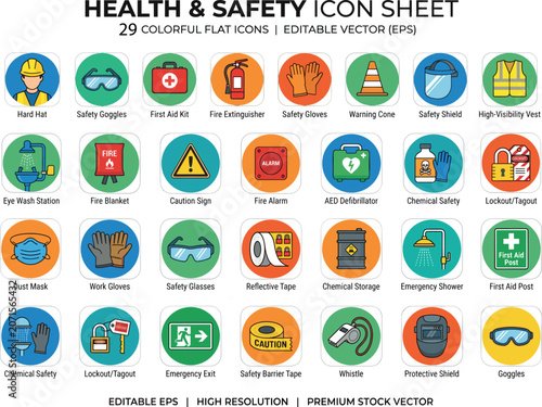 Health Safety Icon Sheet 29 Colorful Flat Vector AED Defibrillator Fire Blanket Whistle Reflective Tape Emergency Shower Goggles EPS