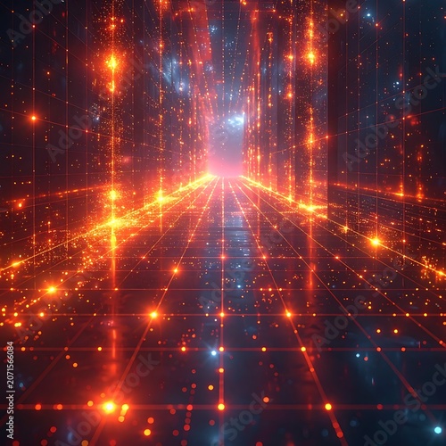 A futuristic digital tunnel with vibrant orange and blue lights (3)