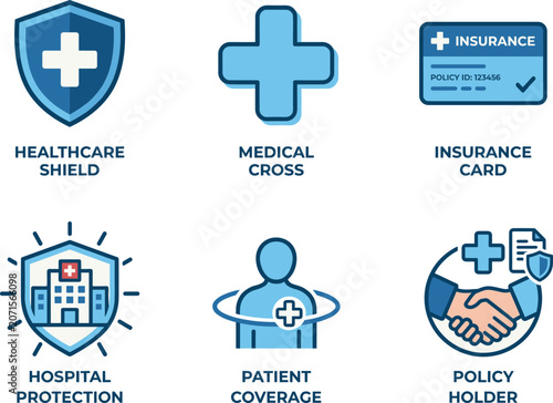 Healthcare Shield Icon Set, Medical Insurance and Hospital Protection Flat Vector Icons